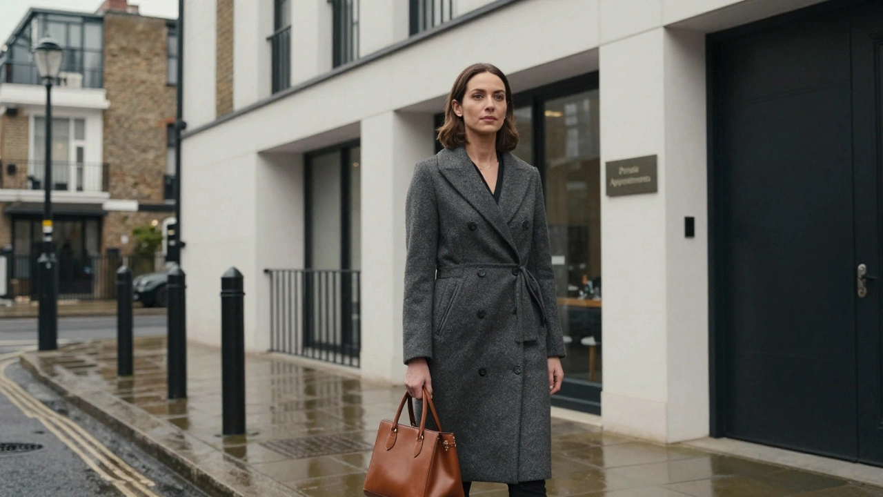 A professional woman standing confidently outside a Kensington apartment building.