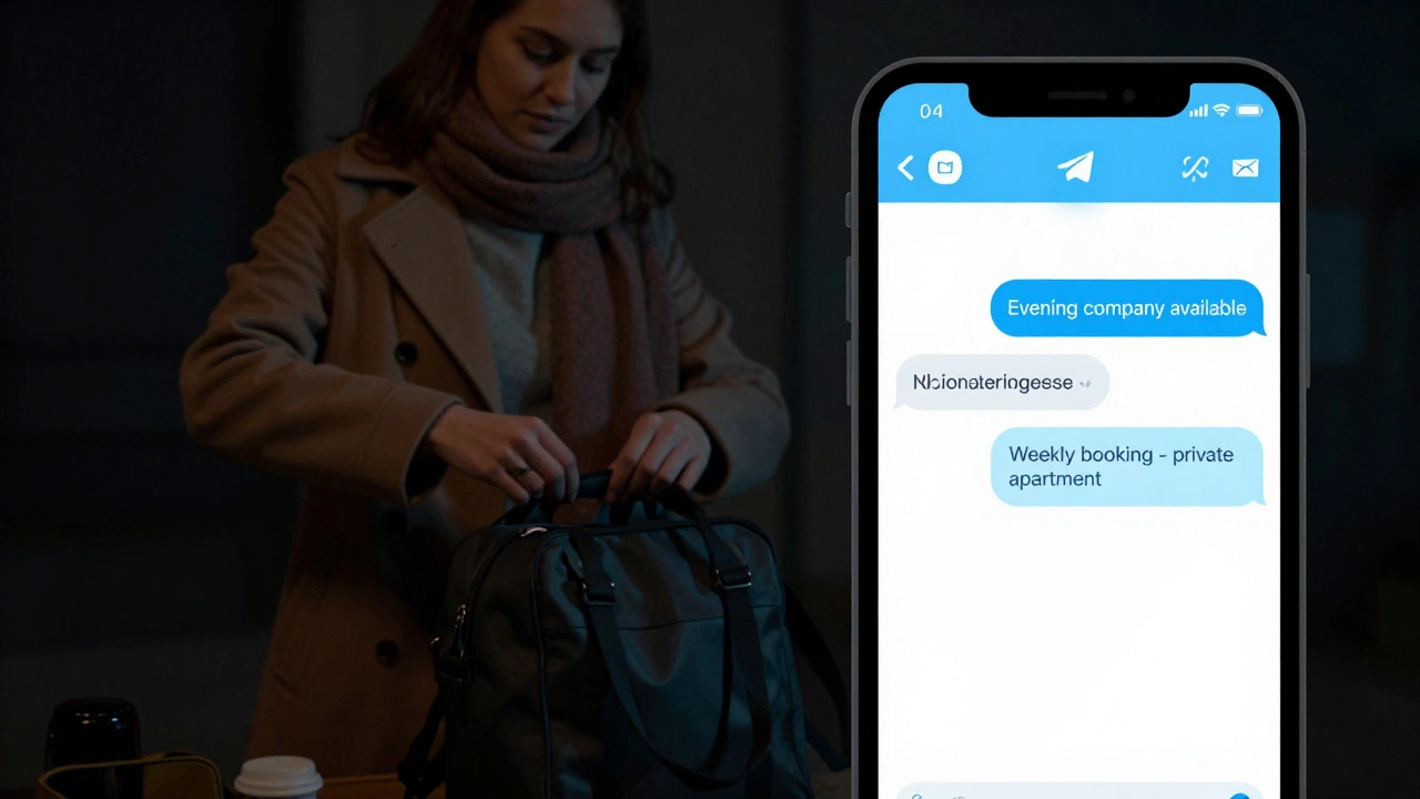 A smartphone screen showing encrypted chat messages about escort services, with a woman preparing to leave, emphasizing secrecy and discretion.