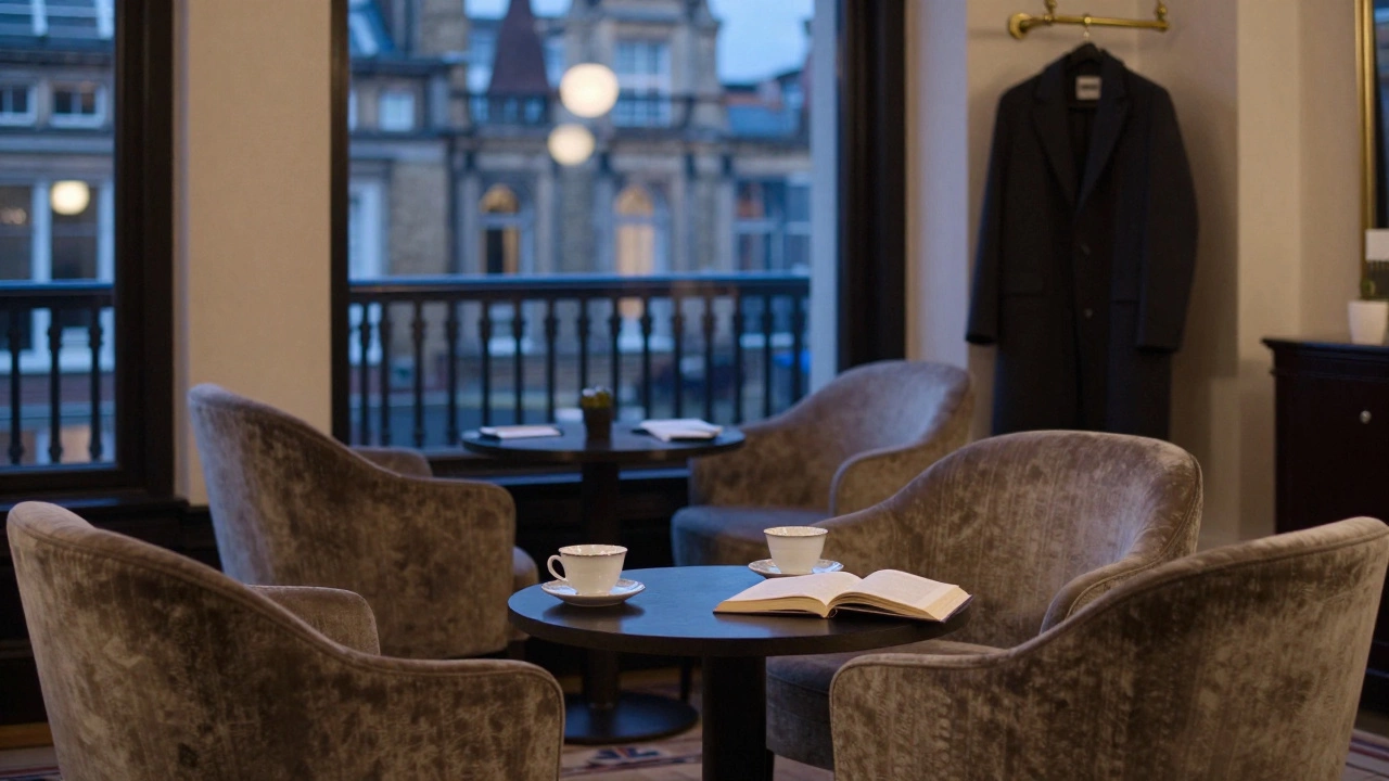 An empty hotel lounge with teacups and a coat, waiting in soft dusk light.