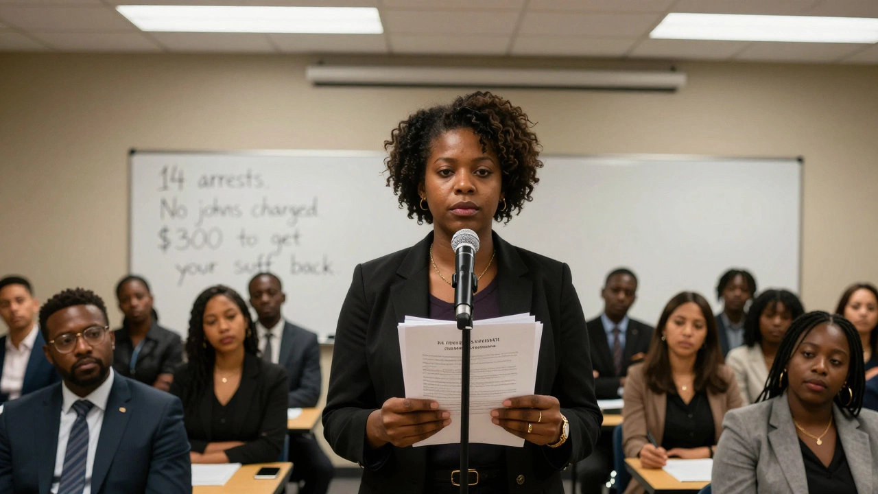 Black trans woman holding court documents at a Desiree Alliance conference, speaking against police harassment.