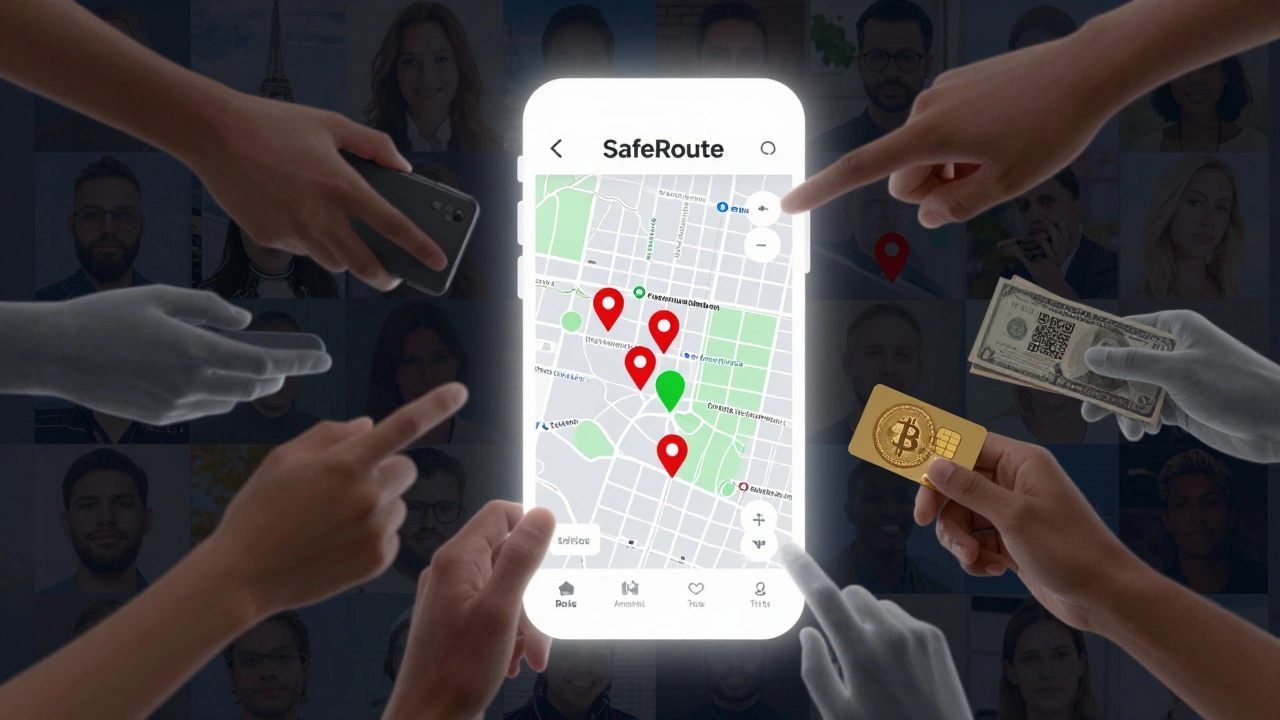 Digital SafeRoute app interface with safety pins on a map, surrounded by hands holding survival tools.